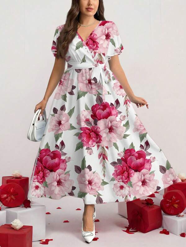 Firerie Vestido midi casual con diseño floral vintage, suelto con cordón, adecuado para otoño/invierno, tallas grandes