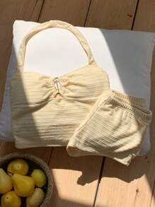 Comfortcana Women's Summer Vacation Butter Yellow Tight Halter Neck Suspender Metal Button Top And Shorts Set, Suitable For Vacation Wear - Yellow - View 5