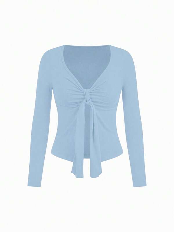 Flirla Tricou casual cu mânecă lungă, plisat, culoare solidă, pentru femei