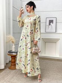 Yasmyna 女式花卉印花立领优雅长袖阿拉伯连衣裙 - 淡黃色 - 查看 6