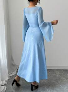 Elenzga 女式雪纺亮片网眼拼布喇叭袖连衣裙 - 藍色 - 查看 2