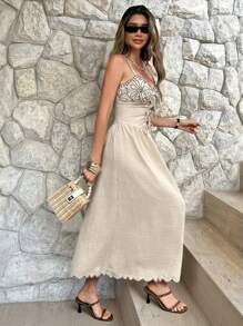 SHEIN Frenchy Neues, besticktes langes Sommerkleid aus Leinenimitat für Damen, langes Kleid mit stark kontrastierenden Stickereien und Hosenträgern für Damen, Bohemian, langes Urlaubskleid für Damen, Muttertagskleid, Sommerkleider für Damen, Abschlusskleid, Sonnenkleider für Damen, Westernkleidung für Damen