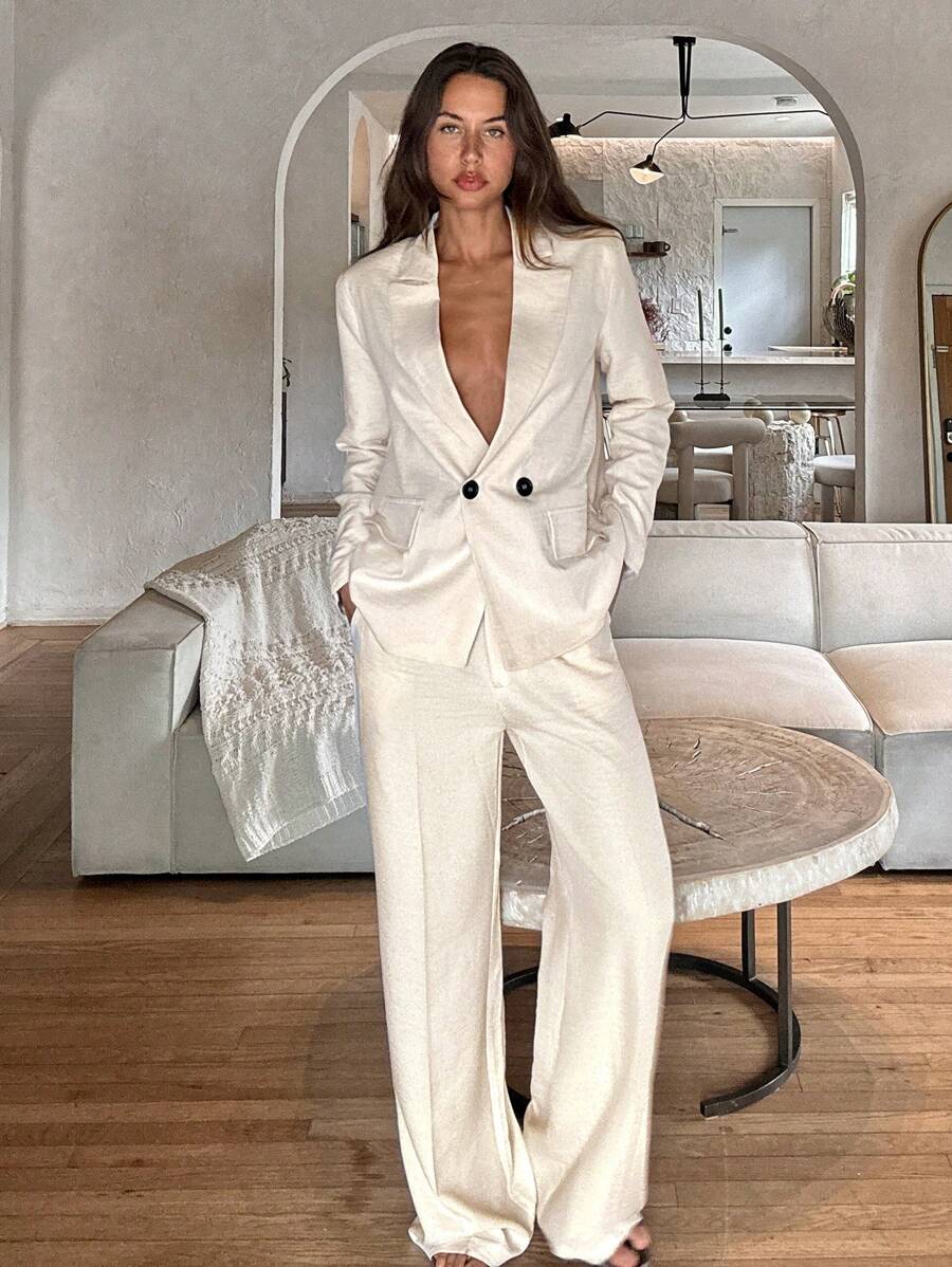 Cloudara 女士超大西装外套和阔腿口袋细节裤两件套西装套装 - 米色 - 查看 1