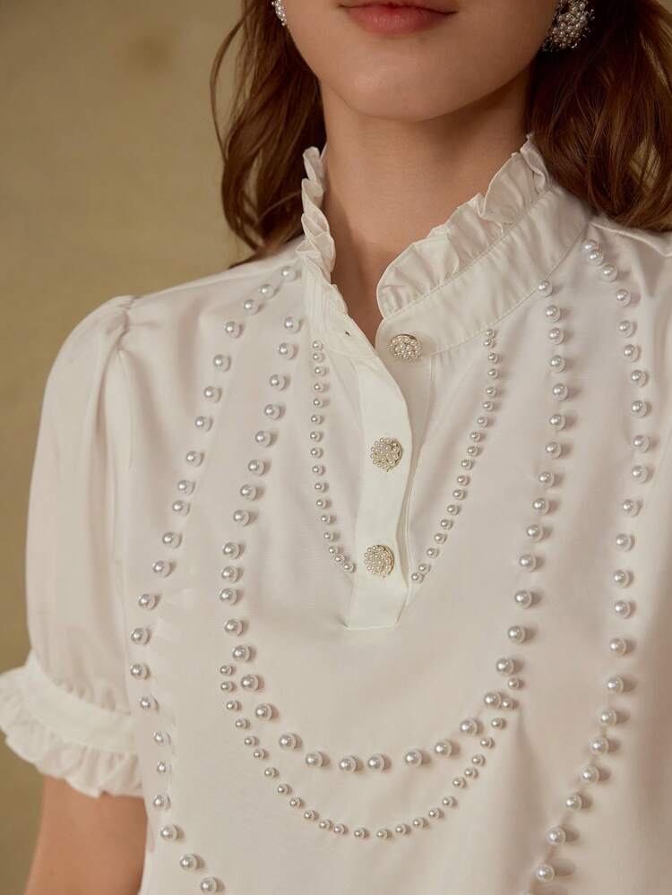 FAUX PEARL DETAIL FRILL TRIM BLOUSE