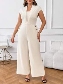 SHEIN Clasi Bộ đồ liền thân cài nút thanh lịch cỡ lớn, Trang phục công sở, Ngày của Mẹ, Trang phục tốt nghiệp, Trang phục công sở cho phụ nữ, Khách dự tiệc cưới - Màu be - Xem 6