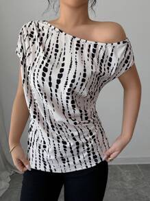 Elenzga Top asimmetrico con maniche a pipistrello, spalle inclinate, con stampa all-over, adatto per appuntamenti, lavoro, vacanze, festività, abbigliamento casual, stile boho per l'estate