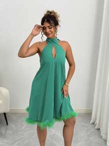 Elenzga 加大码毛领高端个性化宽松露肩短款派对礼服，优雅生日鸡尾酒礼服