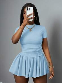 Slaydiva Bộ đồ hai mảnh mùa xuân hè mới, phong cách thường ngày cơ bản, thể thao, cổ tròn đơn giản, áo thun ngắn tay xếp ly hai bên + chân váy xòe ngắn hai bên, trước và sau, chiều dài trung bình, vải dệt kim gân màu xám nhạt dành cho nữ. Trang phục mùa hè cho phụ nữ - Màu xanh lam - Xem 6