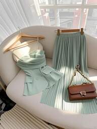 Franclia Light Green Women's Strap Tank Top & Elastic Waist Pleated Midi Skirt Set