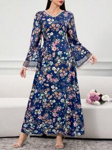 Al Najma 女士优雅花卉印花喇叭袖土耳其和阿拉伯风格长裙，朴素的卡夫坦 - 藏蓝色 - 查看 6