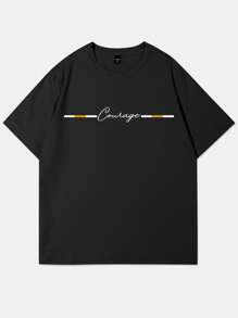 Manfinity Homme Men's Casual Letter Print Short Sleeve T-Shirt, Summer - Black - View 3