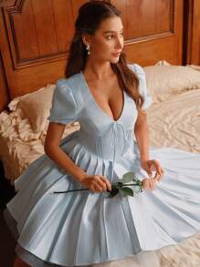 SHEIN Unity Summer Elegant Solid Color Pleated Hem Dress - Baby Blue - View 1