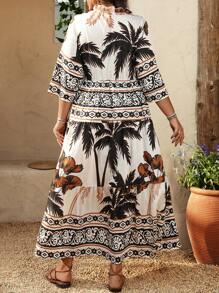 SHEIN Holidaya Plus Size Women V-Neck Lace-Up Contrast Design Holiday Dress - Black - View 2