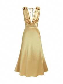 Celure Große Größen einfarbiges 3D Blumen Dekor Kleid mit tiefem drapiertem Ausschnitt und rückenfrei, sexy Party Kleid