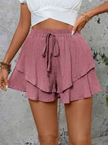 SHEIN LUNE Quần short ống rộng màu trơn buộc eo viền bèo nhún cho nữ - Gỗ đỏ - Xem 5