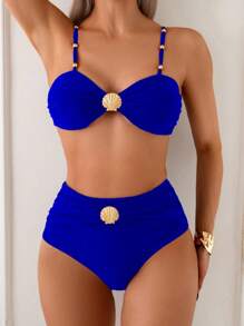 Swim Chiccia 2 Pieces Tummy Control Metallic Shell Beaded High Waist Bikini Set For Women, Summer 2025 - Royal Blue - View 6