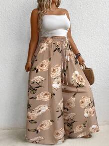 SHEIN Tall Pantalones anchos y holgados con estampado floral y cordón en la cintura, adecuados para vacaciones, tallas grandes para mujeres