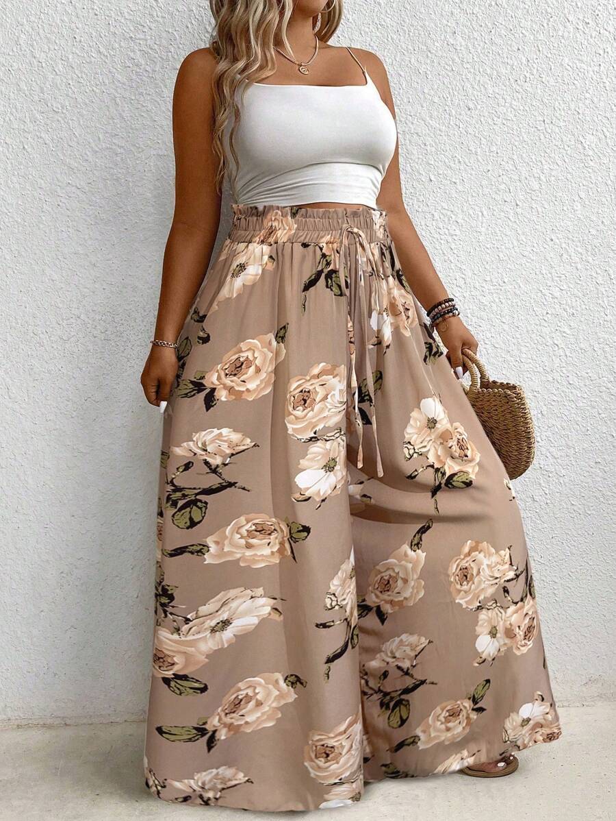 SHEIN Tall Pantalones anchos y holgados con estampado floral y cordón en la cintura, adecuados para vacaciones, tallas grandes para mujeres