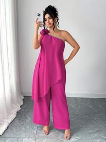 SHEIN Unity Plus Size Chiffon Elegant Party Jumpsuit, Asymmetric Shoulder 3D Floral Asymmetrical Hem - Hot Pink - View 5