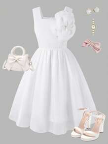 Tween Girl's Elegant Flower 3D Decor Sweet A-Line Dress - White - View 6