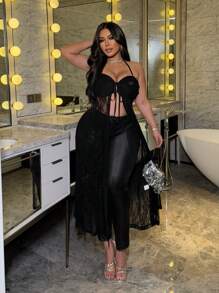 Flirla Plus Size Przezroczysty Kardigan Z Wycięciami Na Ramionach, Odsłonięte Plecy, Wiązanie przy Szyi I Falbaniasty Obszycie, Seksowny Top Damski - Czarne - Zobacz 3