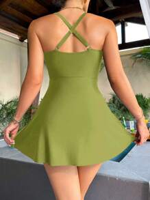 Swim Lushoire 1pc Women's Solid Color Summer Beach Camisole Swimsuit - Olive Green - View 2