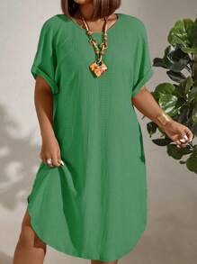 Linhara Plus Size Solid Color Short Sleeve Round Neck Dress, Fashionable For Summer