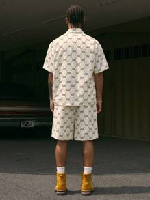 AXEPEAK 2pcs/Set Digital Print Polo Collar Short Sleeve Shirt & Drawstring Waist Shorts Men's Outfit - Multicolor - View 2