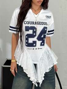 Coolane Women's Summer Festival Rave Party Sport Y2K Graphics Lace Color-Blocked Baseball Jersey T-Shirt