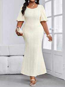 SHEIN Lady Spring And Summer Elegant Commuting Office Beige Knitted Textured Scoop Neck Pencil Puff Sleeve Long Short Sleeve Plus Size Dresses Summer Outfits For Women Summer Dresses For Women Summer Dresses Women Summer Clothes Office Outfits For Women Office Dresses Summer Outfits For Women Summer Dresses For Women Women Summer Clothes Office Outfits For Women Plus Size Summer Clothes Office Dresses - Beige - View 3