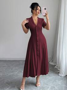 Selianne Đầm Maxi trang trọng thanh lịch kiểu Pháp cho nữ mùa xuân/hè cổ Peter Pan đơn giản thắt nút eo chữ A xếp ly hai bên tay ngắn xếp ly - Màu Tím - Xem 4