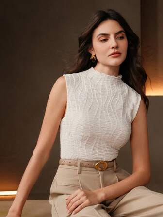 Anewsta Women's Fashion Solid Color Textured Fabric Sleeveless Ruffle Collar Fitted Tank Top