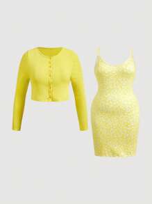 SHEIN EZwear Bộ 2 chiếc váy yếm hoa hở vai cỡ lớn cho nữ và áo crop top màu trơn - Màu vàng - Xem 7