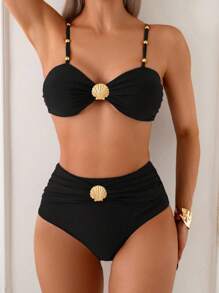 SHEIN Swim Chicsea 2 Pieces Women's Elegant Vacation Metallic Shell Beaded Strap High Waist Tummy Control Brown Bikini Set, Spring/Summer 2025 - Black - View 4
