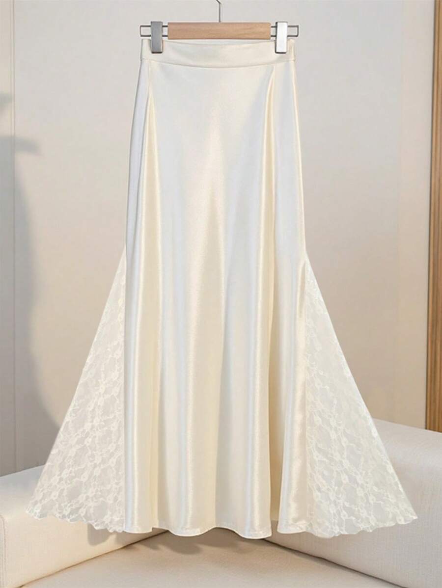 Chiquease Apricot Contrast Lace Elegant A-Line Skirt For Women, Spring/Summer Fall Cloth For Women - Apricot - View 1