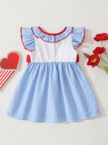 SHEIN Cute Infant/Baby Girl Retro Plaid Jumpsuit With Round Neck, Back Keyhole, Embroidered Bowknot Decor, For Daily Wear - Multicolor - View 2