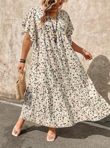 SHEIN CURVE+ Robe maxi ample avec manches à volants, col en V, patchwork pour femmes de grande taille, motif fleuri élégant