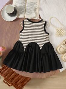 SHEIN Infant Girls' Fashionable Striped Elegant All-Match Casual Dress, Versatile For Spring And Summer