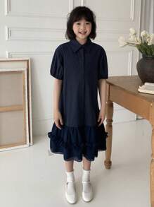 DAZY Tween Girls Polo Collar Short Sleeve Dress, Summer,Back To School Clothes - Navy Blue - View 1