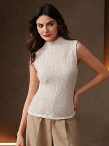 Anewsta Parte superior ajustada de mujer sin mangas con cuello de volantes de tela texturizada de unicolor