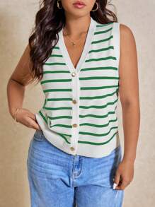 Elaquor Plus Size Women Striped Single-Breasted Casual Knitted Vest In Fall/Winter - Green - View 4