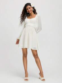 SHEIN MOD Abito corto estivo da donna in chiffon color albicocca con fiocco e maniche a lanterna