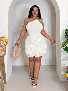 Slaydiva 2025 Summer New Music Festival, Easter, St. Patrick's Day, Western, Nomadic Style Dresses For Wedding, Birthday, Graduation, Student Wear, Casual, Vacation, Cruise Travel, Beach, Sunbathing, Popular Viral Designs, Spaghetti Strap, Sexy Backless, Tie, Fringe, Crochet, Mesh, Cream White, Plus Size 2pcs Set For Women - White - View 4