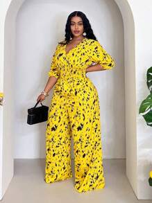 Veslaya 2022 年新款女式加大码黄色圆点印花褶皱泡泡袖腰部聚拢宽松阔腿连体裤，适合海滩度假、热带度假、海滩派对、通勤 - 彩色 - 查看 4