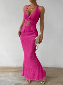 Chiquease 2pcs/Set Summer Sexy Solid Color Twist Backless Halter Top And Fish Tail Skirt - Violet Purple - View 4