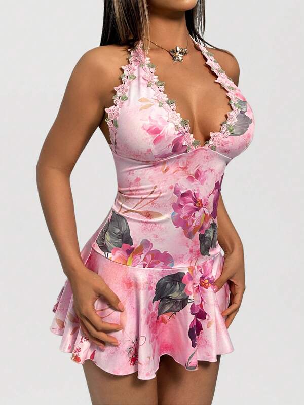 EgrlEra Rochie de damă romantică, tinerească, proaspătă cu imprimeu floral, cu fustă cu volan, decolteu adânc în V, tiv brodat cu trandafiri, cravată cu gât, lungime mini, primăvară/vară