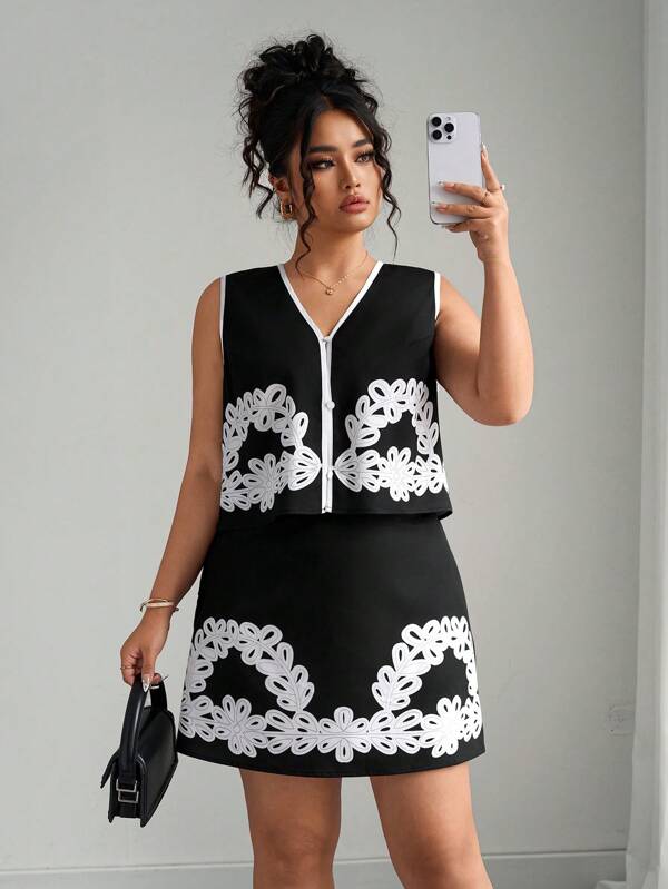 Elenzga Plus Size Women's Bestselling V-Neck Sleeveless Printed Black & White Cardigan Top And Color Contrast Elastic Waist A-Line Skirt Coordinated Set, Casual, Tropical-Inspired Vacation Outfit, Summer