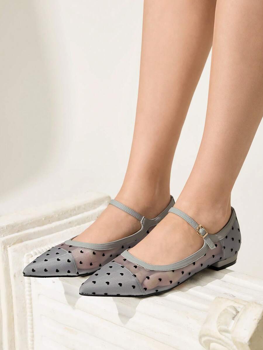 CUCCOO CHICEST Women's New Style Gray Polka Dot Mesh Breathable Elegant Comfortable Pointed Toe Low Heel Ballet Flats - Grey - View 1