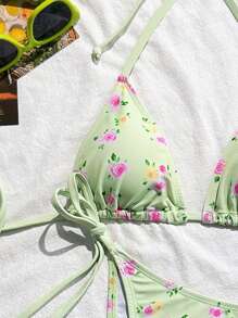 SHEIN Women's Ditsy Floral Halter Neck Tie Back Triangle Bikini Set, Suitable For Beach Holiday - Green - View 3