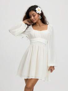 SHEIN MOD Abito corto estivo da donna in chiffon color albicocca con fiocco e maniche a lanterna